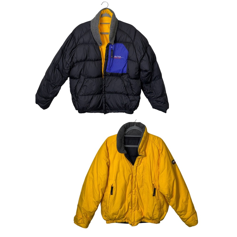 Vintage 90's Nautica Competition Black Yellow Reversible Down Puffer Jacket, M